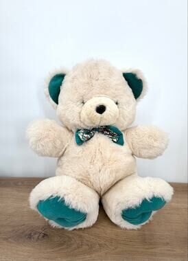 VTG 1990s Dan Dee Teddy Precious Cream Plush Bear Teal Velvet Ears & Bow Tie